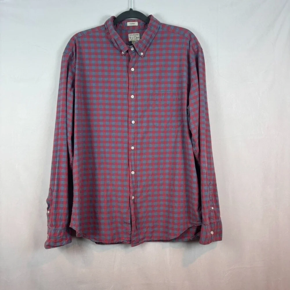 J.Crew Mens Red Checked Classic Stretch‎ Button Up Shirt Size XXL Organic Cotton